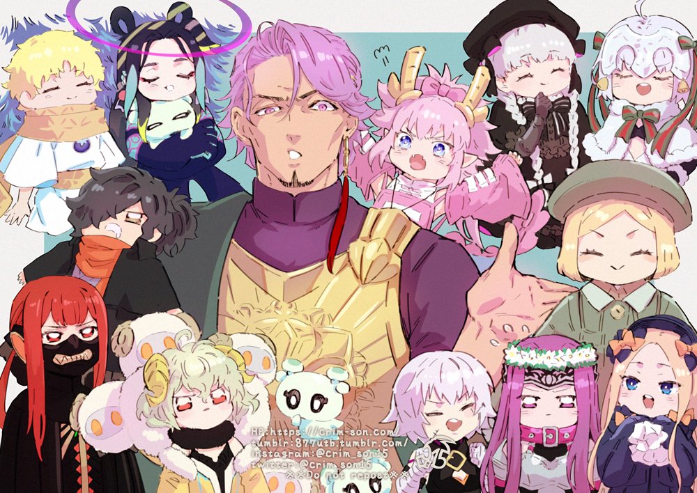 6+boys, 6+girls, :d, abigail_williams_(fate), abigail_williams_(first_ascension)_(fate), apollo_(fate), bags_under_eyes, blonde_hair, blue_eyes, blush, character_request, closed_eyes, duryodhana_(fate), duryodhana_(second_ascension)_(fate), earrings, eliza_the_nine-tattooed_dragon_(fate), elizabeth_bathory_(fate), facial_hair, fate/grand_order, fate_(series), flying_sweatdrops, frown, goatee, hood, iduhara_jugo, jack_the_ripper_(fate/apocrypha), jeanne_d'arc_alter_santa_lily_(fate), jewelry, jitome, laughing, long_hair, medusa_(fate), medusa_(lancer)_(fate), medusa_(rider)_(fate), multiple_boys, multiple_girls, nursery_rhyme_(fate), oda_nobukatsu_(fate), oda_nobukatsu_(third_ascension)_(fate), okada_izou_(fate), open_mouth, paris_(fate), paris_(third_ascension)_(fate), paul_bunyan_(fate), purple_eyes, purple_hair, relaxing, rider, saliva, scarf, short_hair, single_earring, smile, steam, taisui_xingjun_(fate), u_u, very_long_hair, voyager_(fate), yellow_scarf