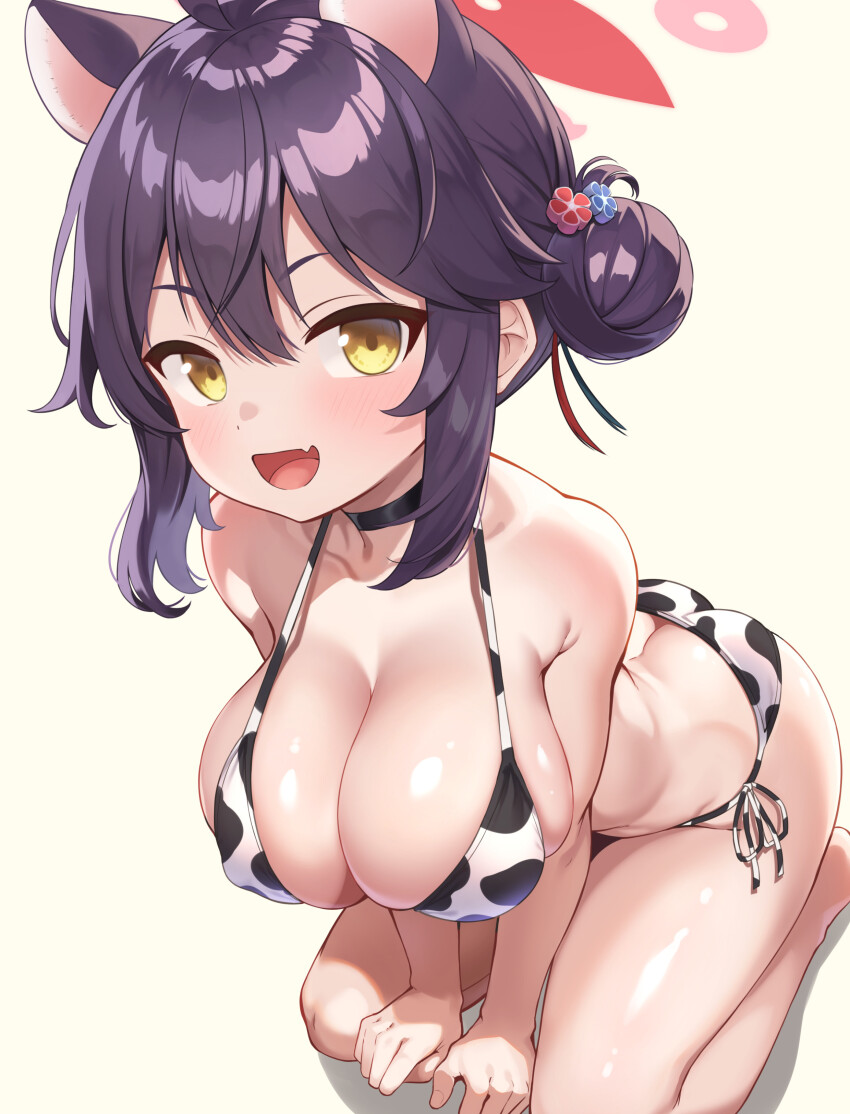 1girl, :d, absurdres, ahoge, alternate_costume, animal_ears, animal_print, ass