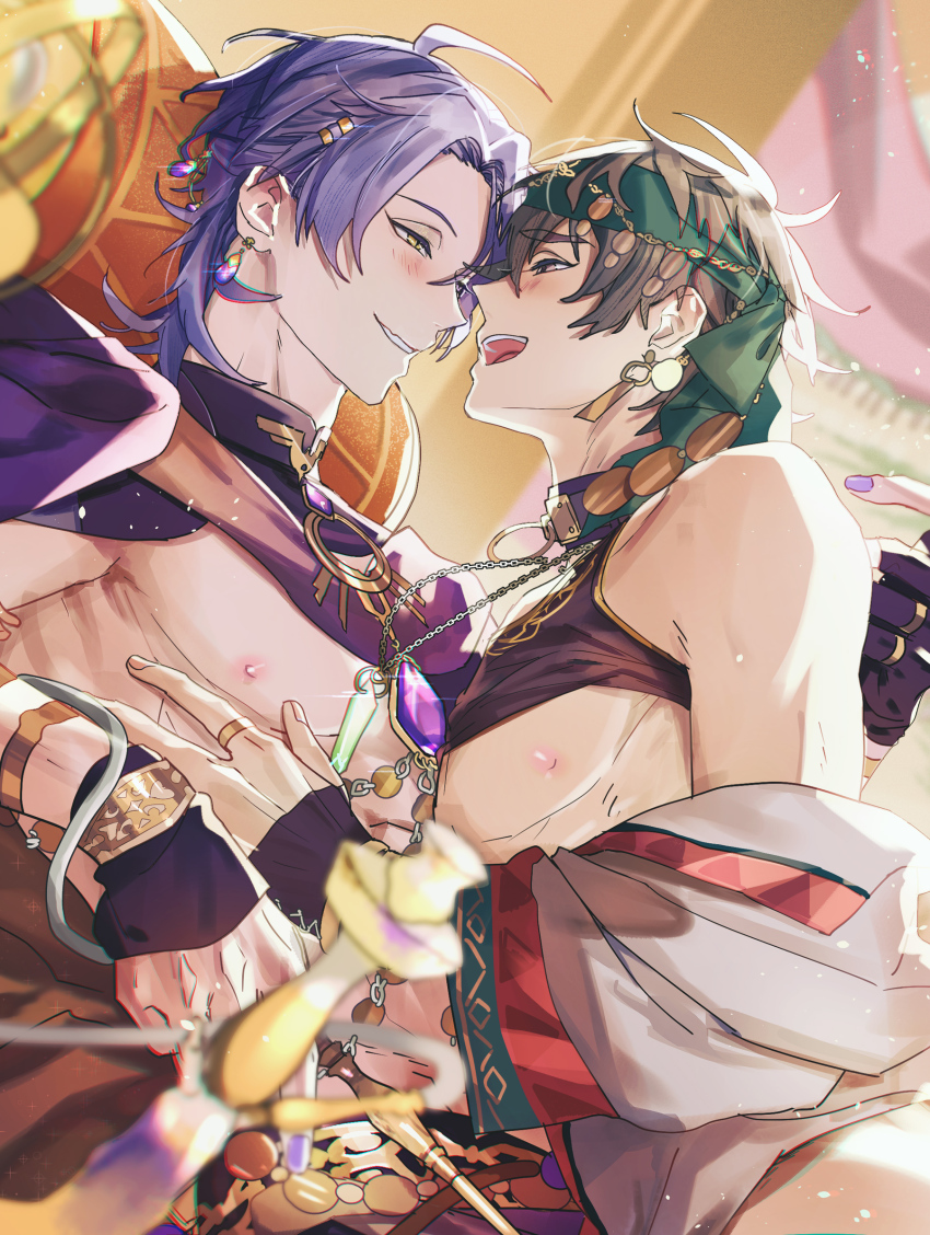 2boys, arabian_clothes, bishounen, black_gloves, brown_eyes, brown_hair, earrings, eiden_(nu_carnival), eiden_(sunburst_fever)_(nu_carnival), eye_contact, fingerless_gloves, gem, gloves, heterochromia, highres, jewelry, komekashi_kani, kuya_(aromatic_exotica)_(nu_carnival), kuya_(nu_carnival), looking_at_another, male_focus, multiple_boys, nipples, nu_carnival, off_shoulder, official_alternate_costume, open_mouth, purple_eyes, purple_gem, purple_hair, purple_nails, short_hair, single_glove, smile, yaoi, yellow_eyes