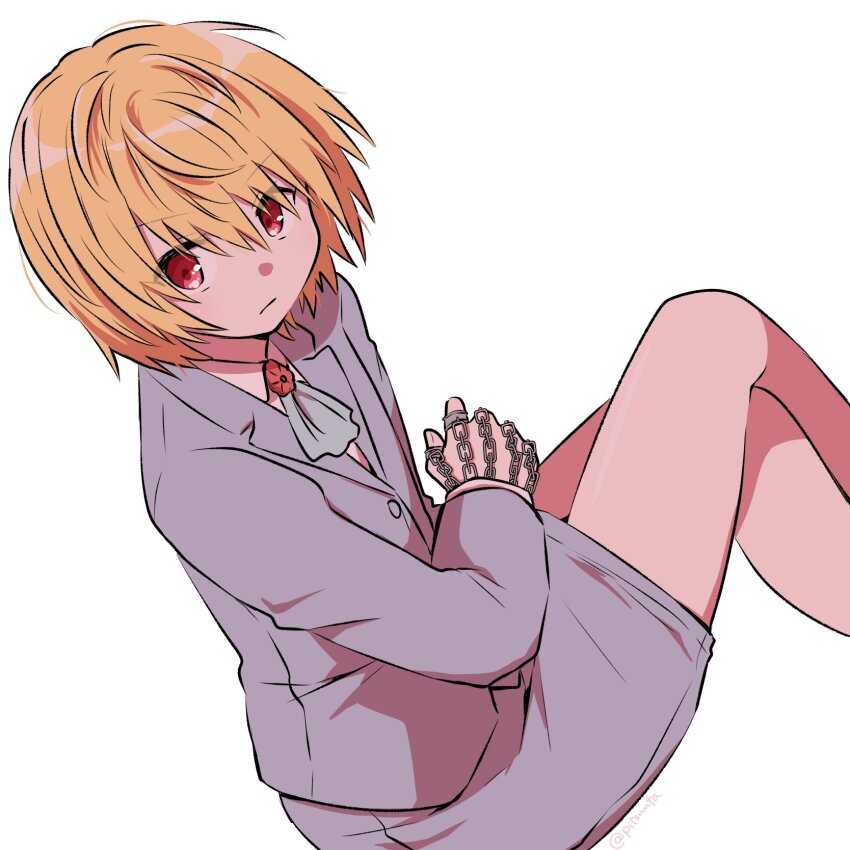 1other, alternate_costume, androgynous, ascot, blonde_hair, crossdressing, crossdressing_(mtf), crossed_legs