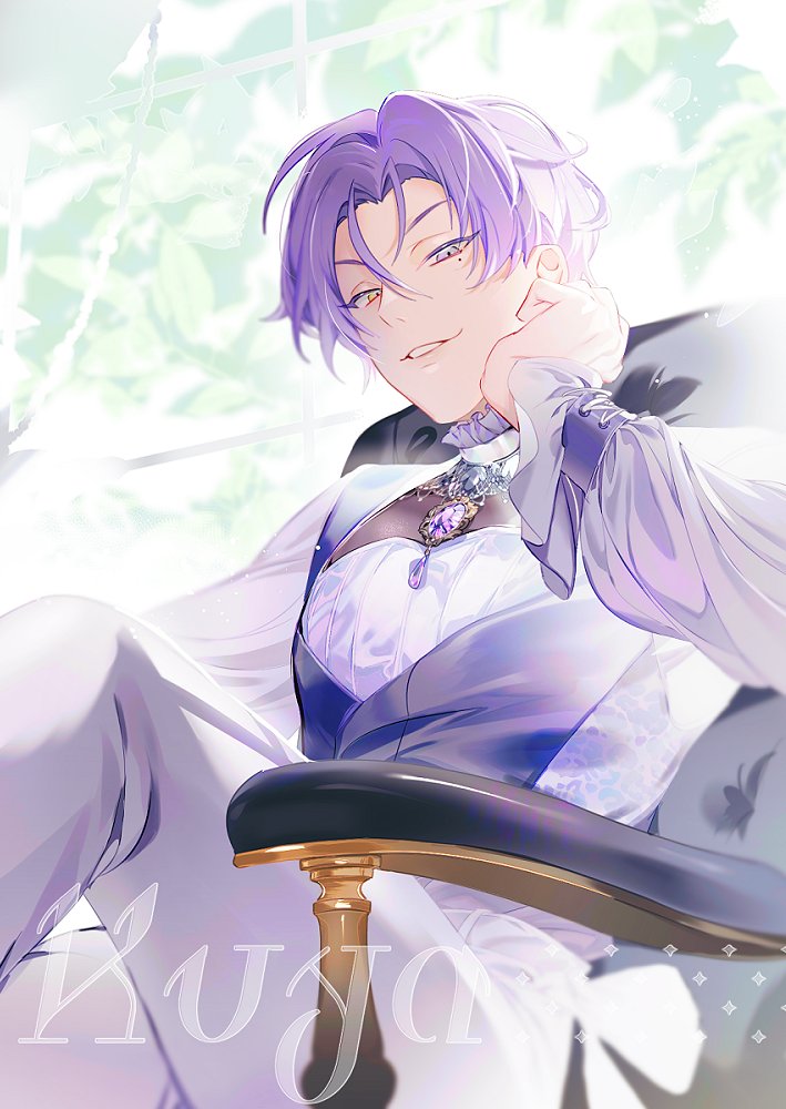 1boy, alternate_costume, arm_support, bishounen, bpcc, gem, heterochromia, indoors