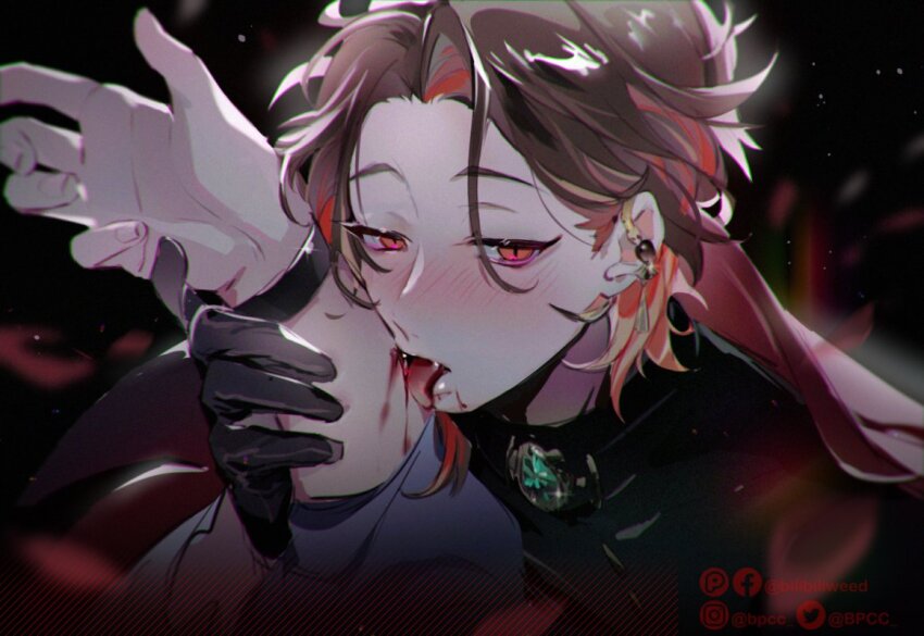 2boys, bishounen, black_gloves, blush, bpcc, brown_hair, colored_inner_hair, ear_piercing