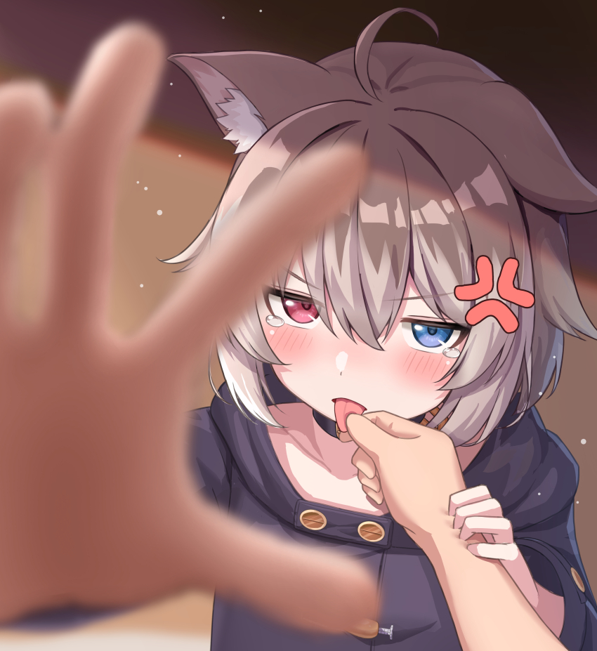 1girl, absurdres, anger_vein, animal_ears, apple_uq, arm_grab, blue_eyes, blurry