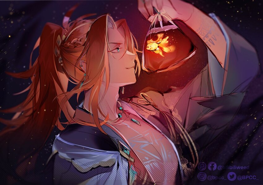 1boy, bag, bagged_fish, blue_kimono, bodypaint, bpcc, dante_(eternal_hanabi)_(nu_carnival), dante_(nu_carnival)