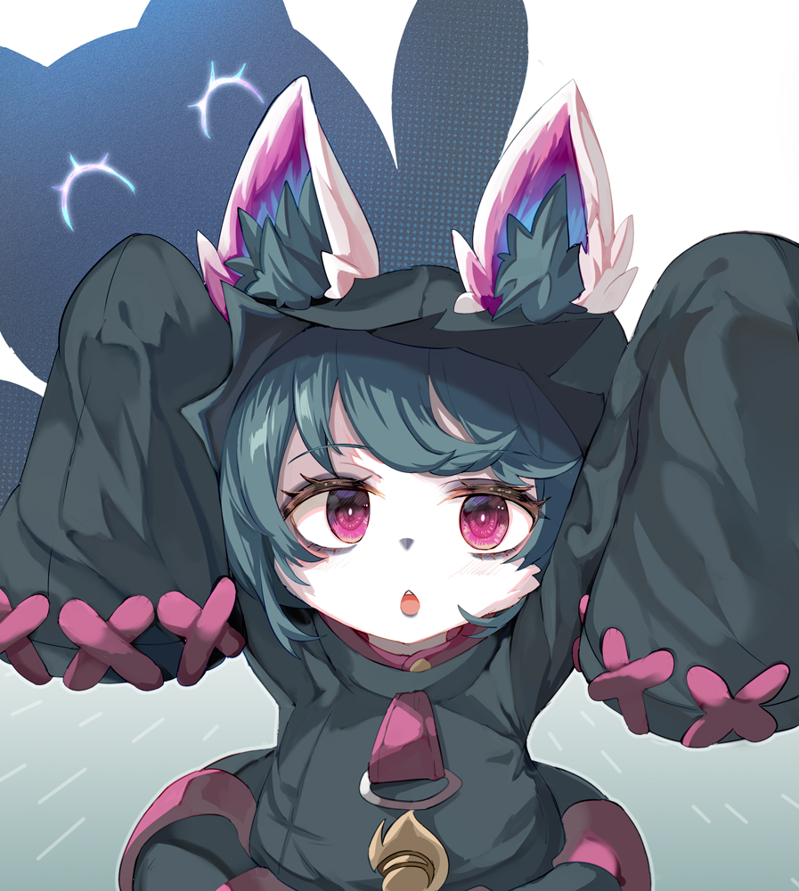 1girl, :o, animal_ears, arms_up, black_hoodie, ears_through_headwear, green_hair, hood