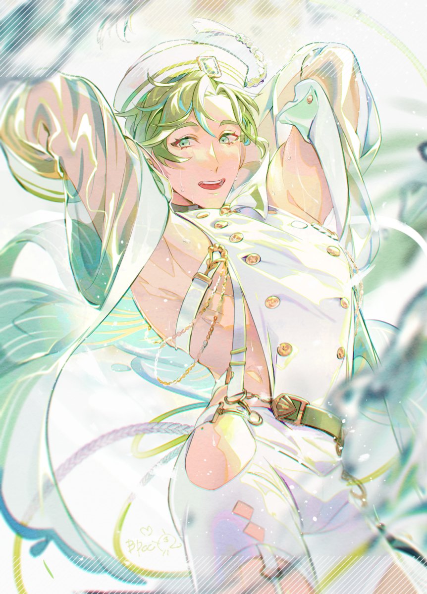 1boy, bpcc, gem, green_eyes, green_gem, green_hair, highres, idol