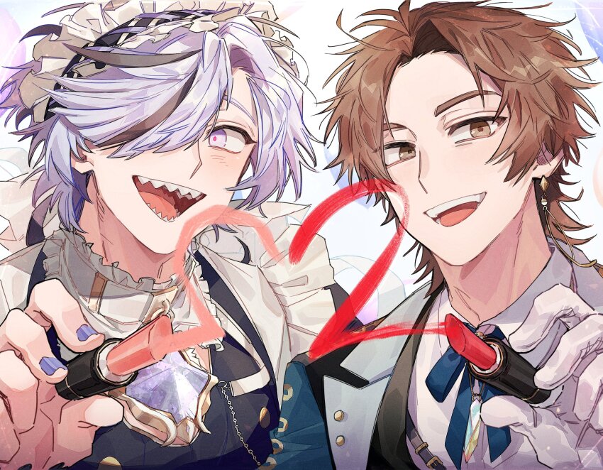 2boys, bishounen, black_hair, blade_(lovable_enforcer)_(nu_carnival), blade_(nu_carnival), brown_eyes, brown_hair, cosmetics