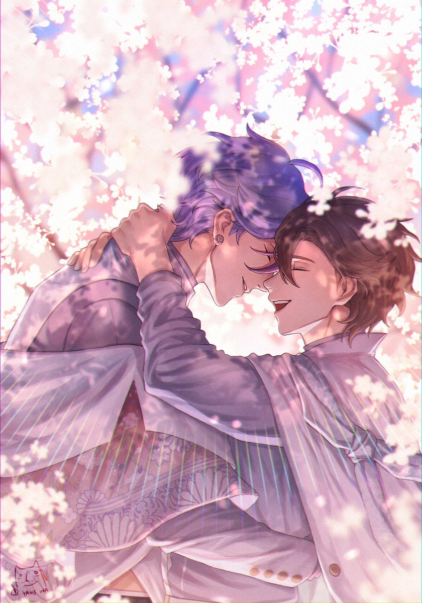 2boys, 777yangwa, bishounen, brown_hair, cherry_blossoms, closed_eyes, earrings, eiden_(forest_carnival)_(nu_carnival)