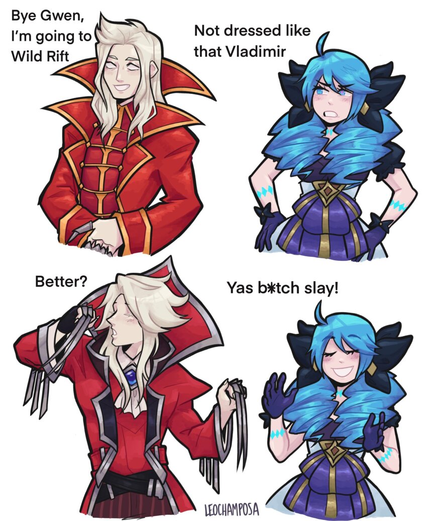 1boy, 1girl, ahoge, artist_name, black_bow, black_dress, black_gloves, blue_hair, bow, claws, coat, cropped_legs, dress, drill_hair, english_text, fingerless_gloves, gem, gloves, grey_dress, grey_hair, grin, gwen_(league_of_legends), hair_bow, highres, league_of_legends, league_of_legends:_wild_rift, leochamposa, long_hair, meme, no_pupils, red_coat, red_shirt, shirt, smile, teeth, twin_drills, twintails, vladimir_(league_of_legends), yas_bitch_slay_(meme)