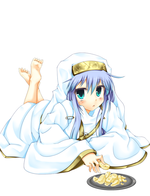 1girl, aqua_eyes, barefoot, chips_(food), female_focus, food, habit, hamo_tosaka