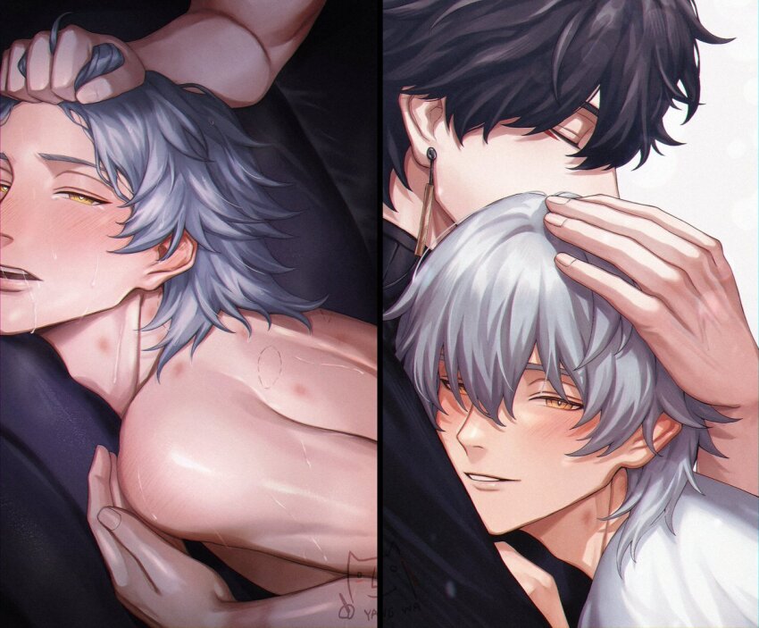 2boys, 777yangwa, bishounen, bite_mark, bite_mark_on_shoulder, black_hair, caelus_(honkai:_star_rail), comforting, couple, crying, dan_heng_(honkai:_star_rail), earrings, eyeliner, fucked_silly, grabbing_another's_hair, grey_hair, hair_pulled_back, hickey, holding_another's_hair, honkai:_star_rail, honkai_(series), hug, implied_anal, jewelry, looking_at_viewer, makeup, male_focus, meme, multiple_boys, parted_lips, red_eyeliner, saliva, shirt, short_hair, smile, sometimes_like_this/also_like_that_(meme), streaming_tears, tears, trailblazer_(honkai:_star_rail), white_shirt, yaoi, yellow_eyes