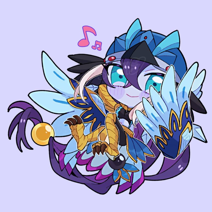 1girl, blue_eyes, blush, chibi, crop_top, duel_monster, full_body, hair_between_eyes, harpy, helmet, karaage_bentou_(28grtm), long_hair, lyrilusc_-_ensemblue_robin, midriff, monster_girl, musical_note, purple_hair, sample_watermark, smile, solo, very_long_hair, watermark, winged_arms, wings, yu-gi-oh!