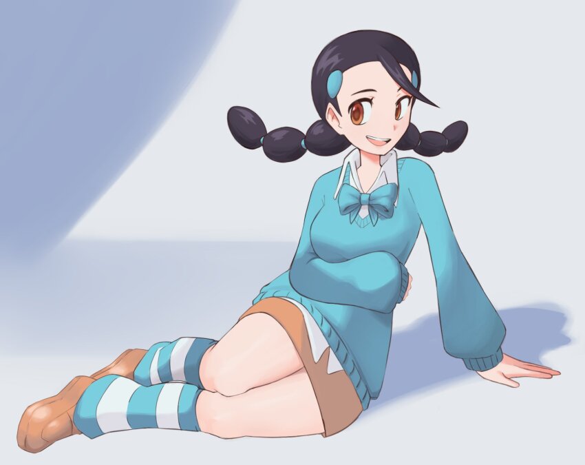 1girl, 22z3r0, black_hair, breasts, brown_eyes, candice_(pokemon), highres, long_hair, long_sleeves, medium_breasts, miniskirt, multi-tied_hair, nintendo, pokemon, pokemon_diamond/pearl/platinum, shoes, skirt, socks, solo, sweater