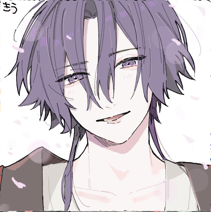 1boy, black_coat, blush, coat, falling_petals, grey_background, kiu_game, looking_at_viewer, male_focus, olympia_soiree, open_mouth, petals, purple_eyes, purple_hair, shirt, short_hair_with_long_locks, sketch, smile, solo, teeth, white_shirt, yosuga_(olympia_soiree)