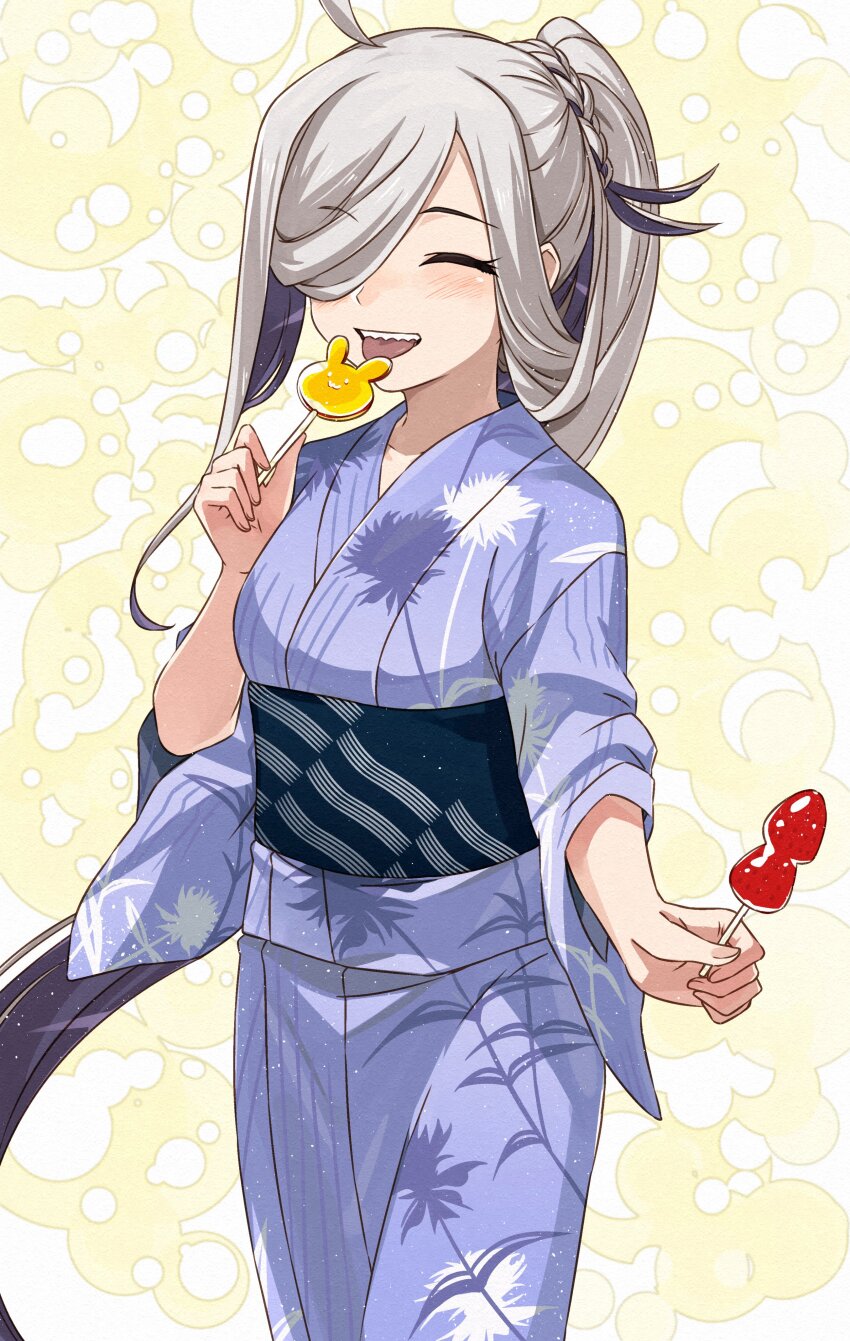1girl, absurdres, ahoge, asashimo_(kancolle), asashimo_(yukata)_(kancolle), asashimo_kai_ni_(kancolle), asashimo_kai_ni_(yukata)_(kancolle), blush, candy, closed_eyes, collarbone, fingernails, food, grey_hair, highres, holding, holding_candy, holding_food, japanese_clothes, kanmiya_shinobu, kantai_collection, kimono, long_hair, long_sleeves, obi, open_mouth, purple_kimono, sash, sharp_teeth, smile, solo, teeth, wide_sleeves