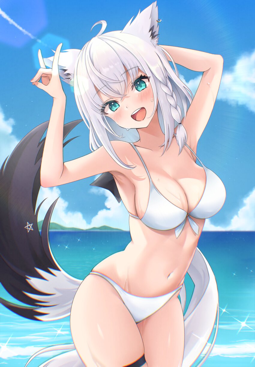 1girl, absurdres, ahoge, alternate_costume, animal_ears, arms_up, bikini, blue_eyes