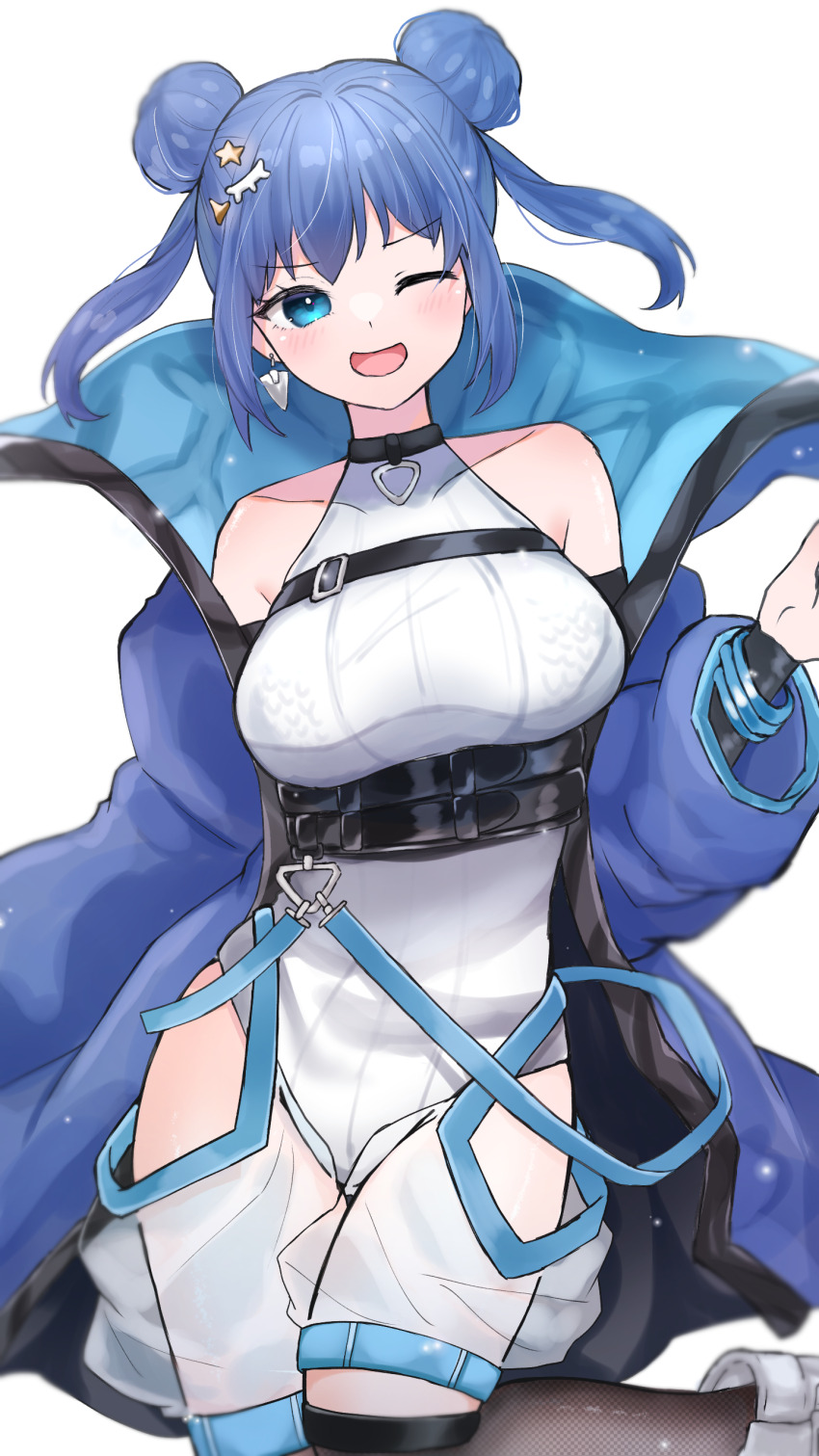 1girl, absurdres, aqua_eyes, bare_shoulders, blue_hair, blue_jacket, breasts, collarbone, double_bun, duel_monster, evil_twin_lil-la, evil_twin_lil-la_(alternate_art), feet_out_of_frame, hair_bun, hair_ornament, highres, jacket, large_breasts, leotard, lil-la_(yu-gi-oh!), long_sleeves, official_alternate_costume, one_eye_closed, open_clothes, open_jacket, shiroue_tomari, solo, standing, standing_on_one_leg, white_leotard, yu-gi-oh!