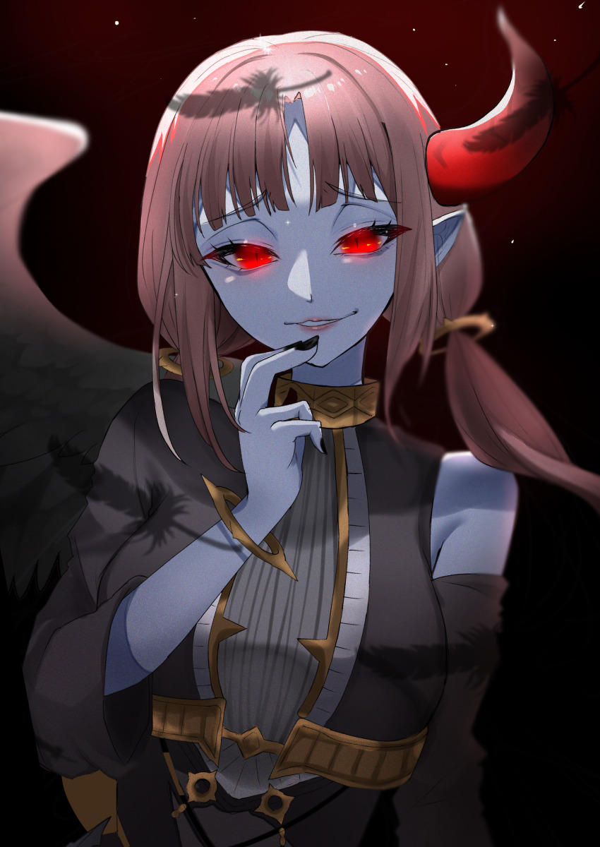 1girl, absurdres, black_feathers, blue_skin, breasts, brown_hair, colored_skin, demon_horns
