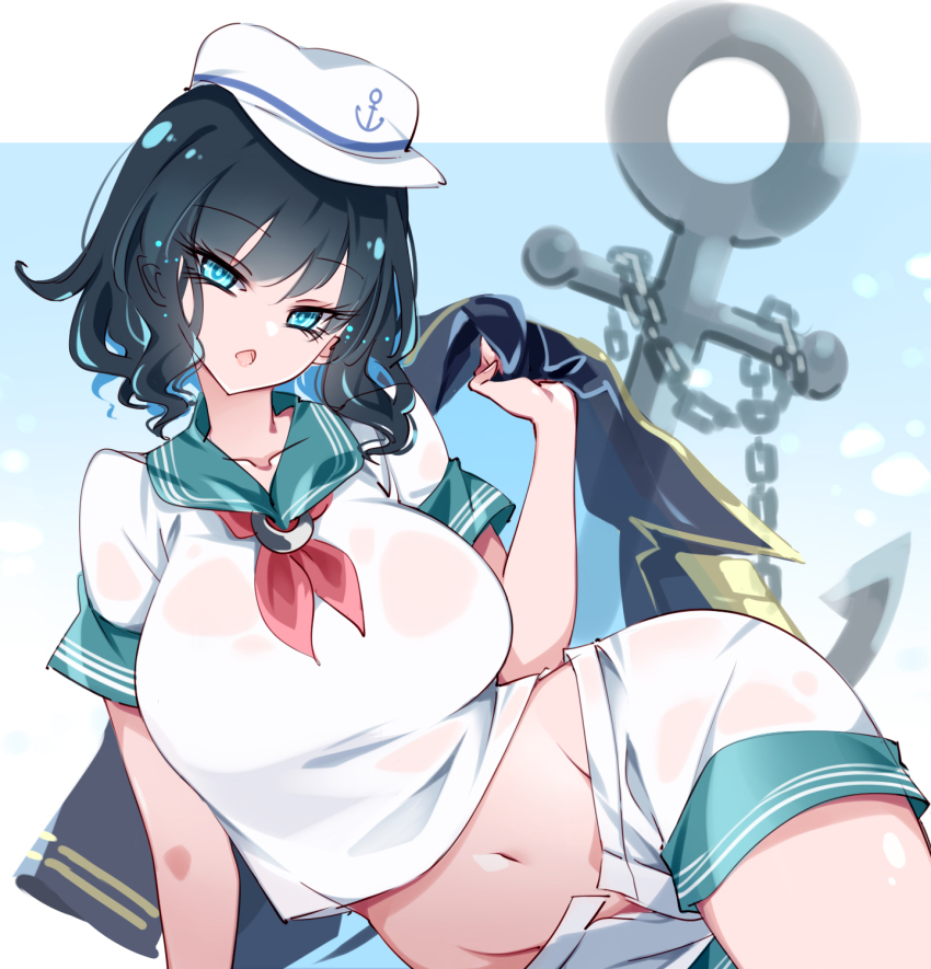 1girl, anchor, aqua_eyes, black_coat, black_hair, blue_background, breasts, chain