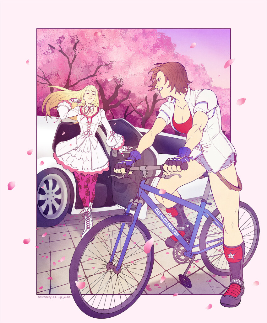 2girls, angry, bicycle, blonde_hair, breasts, car, cherry_blossoms, emilie_de_rochefort, fingerless_gloves, gloves, highres, jelart, kazama_asuka, limousine, long_sleeves, medium_breasts, multiple_girls, petals, short_hair, short_sleeves, shorts, tekken, tekken_7, tree