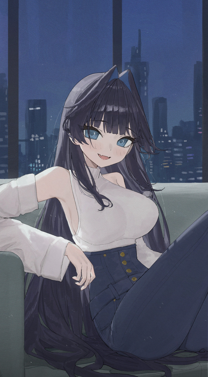 1girl, absurdres, arch_05x, bare_shoulders, blue_eyes, blue_hair, blue_pants, blunt_bangs