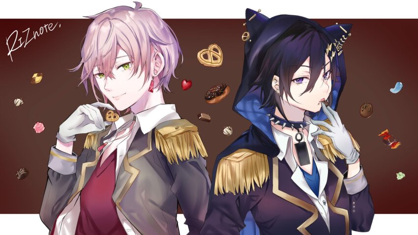 2boys, alternate_costume, animal_hood, between_fingers, black_cape, black_choker, black_collar, black_hair