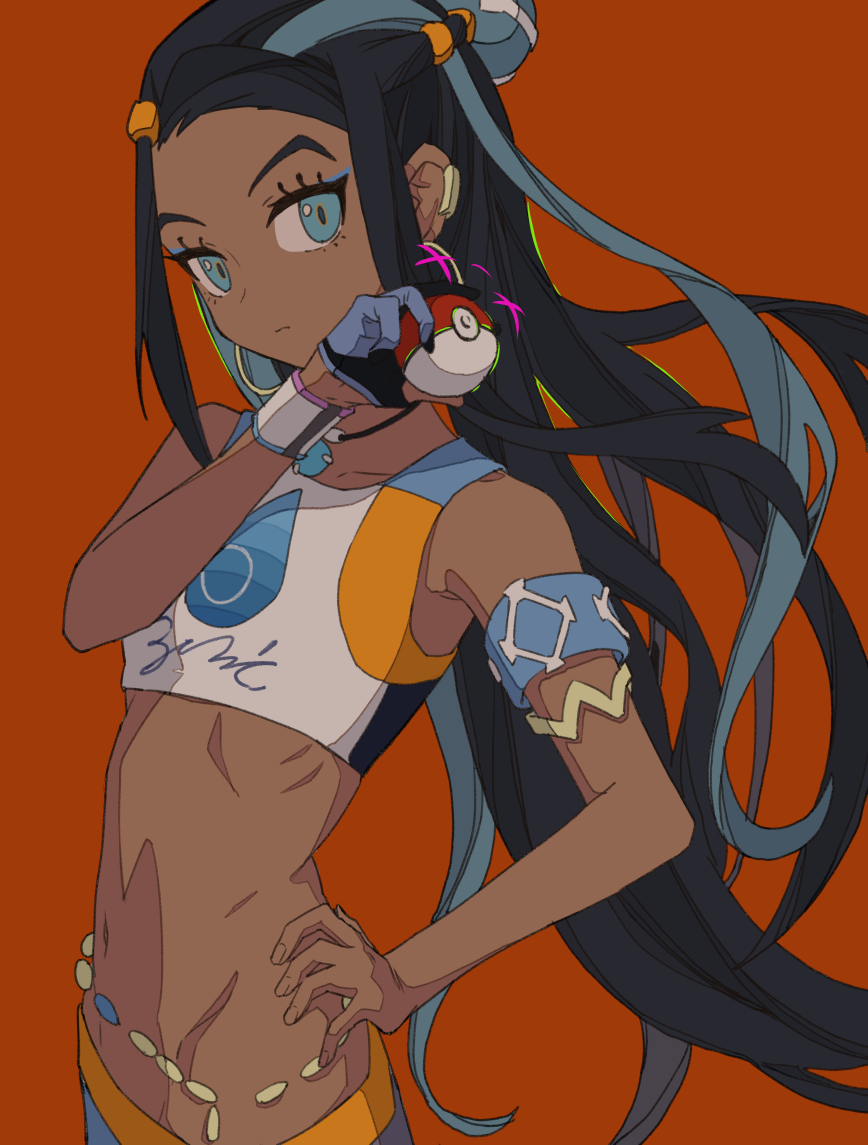 1girl, armband, armlet, black_hair, blue_eyes, blue_hair, dark-skinned_female, dark_skin, earclip, earrings, eyelashes, eyeshadow, female_focus, gloves, hand_on_own_hip, holding, holding_poke_ball, hoop_earrings, jewelry, long_hair, makeup, multicolored_hair, navel, necklace, nessa_(pokemon), nintendo, poke_ball, poke_ball_(basic), pokemon, pokemon_sword_and_shield, red_background, simple_background, skinny, solo, sports_bikini, two-tone_hair, yu_yin