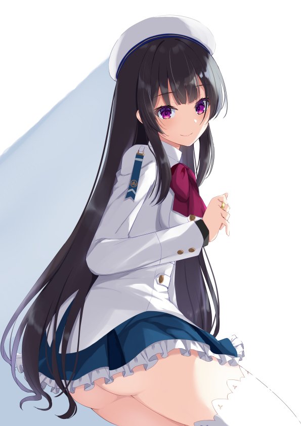 1girl, ass, assault_lily, beret, black_hair, blue_skirt, blunt_bangs, bow