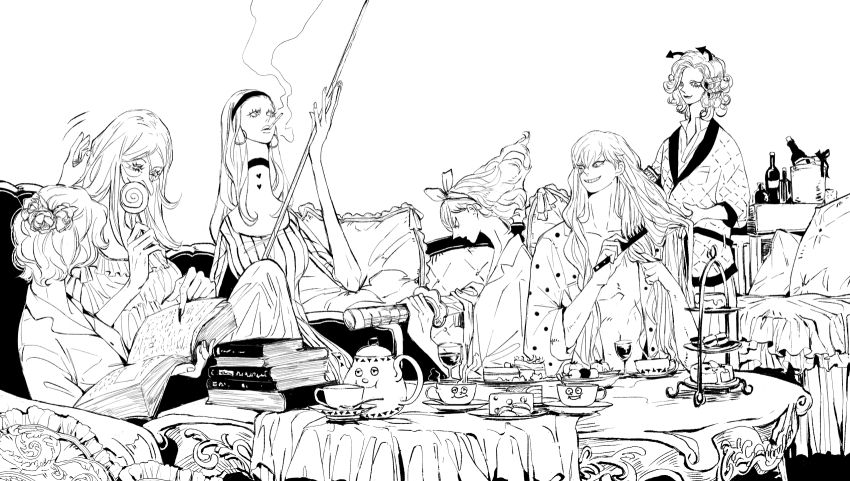 1boy, 5girls, black_choker, book, bottle, brother_and_sister, brushing_hair, candy, candy_saccharin, charlotte_amande, charlotte_angel, charlotte_brulee, charlotte_cracker, charlotte_custard, charlotte_galette, choker, cigarette, cue_stick, cup, curly_hair, earrings, eyelashes, flower, food, hair_flower, hair_ornament, heart, highres, holding, holding_book, holding_candy, holding_cue_stick, holding_food, holding_lollipop, holding_sword, holding_weapon, hoop_earrings, jewelry, lollipop, long_hair, long_neck, long_nose, looking_at_another, medium_hair, monochrome, multiple_girls, one_piece, open_clothes, pointing, short_hair, siblings, sisters, smile, smoking, sweets, sword, table, teacup, teapot, weapon, wine_bottle