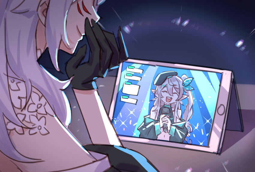 2girls, :d, ^_^, absurdres, beret, black_gloves, black_headwear, closed_eyes