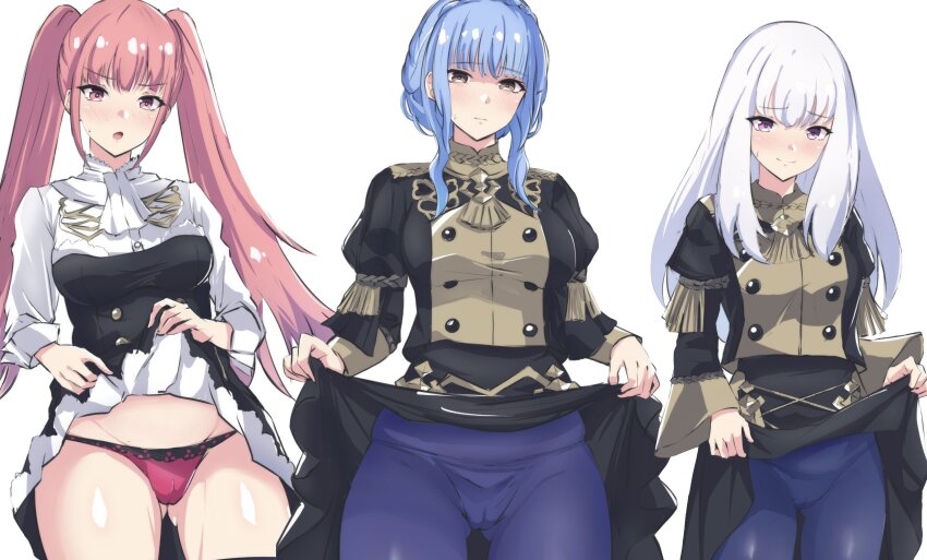 3girls, :o, angry, ascot, blue_hair, blush, braid, breasts, brown_eyes, buttons, cameltoe, closed_mouth, clothes_lift, commentary_request, crown_braid, embarrassed, fire_emblem, fire_emblem:_three_houses, frown, garreg_mach_monastery_uniform, gluteal_fold, highres, hilda_valentine_goneril, large_breasts, latte_(latte_daruta2), lifting_own_clothes, long_hair, long_sleeves, looking_at_viewer, lysithea_von_ordelia, marianne_von_edmund, medium_breasts, multiple_girls, nintendo, panties, pantyhose, pink_eyes, pink_hair, pink_panties, puffy_sleeves, simple_background, skirt, skirt_lift, small_breasts, solo, sweatdrop, thighs, twintails, underwear, very_long_hair, white_ascot, white_background, white_hair
