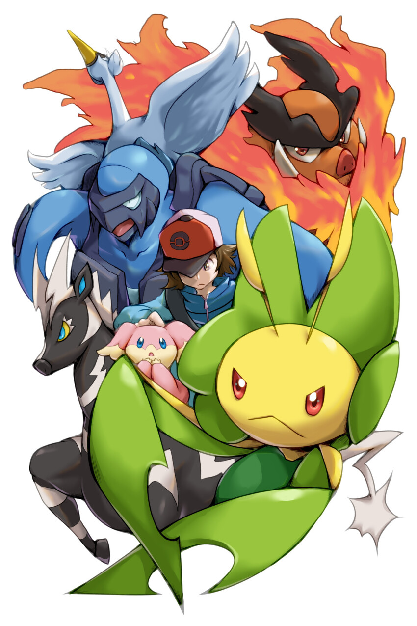 1boy, :<, audino, blue_jacket, brown_eyes, brown_hair, carracosta, closed_mouth