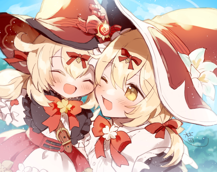 2girls, alternate_hairstyle, belt, black_dress, blonde_hair, blue_eyes, blush, bow, bowtie, cheek-to-cheek, closed_eyes, commentary, dress, flower, genshin_impact, hair_bow, hat, hat_flower, hayashidadesu, heads_together, klee_(blossoming_starlight)_(genshin_impact), klee_(genshin_impact), looking_at_another, lumine_(genshin_impact), multiple_girls, one_eye_closed, open_mouth, outdoors, red_bow, red_bowtie, red_headwear, short_hair, short_twintails, signature, smile, tree, twintails, upper_body, vision_(genshin_impact), white_dress, white_flower, witch_hat, yellow_eyes