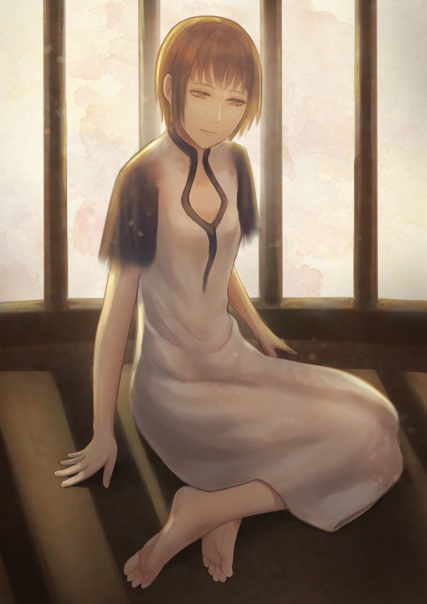 1girl, ashitana, barefoot, closed_mouth, dress, feet, grey_hair, highres