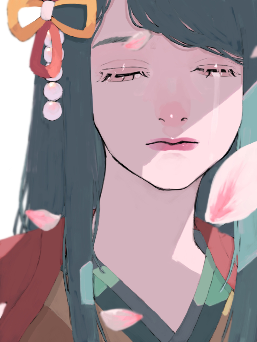 1girl, closed_eyes, closed_mouth, crying, falling_petals, green_hair, hair_ornament, highres