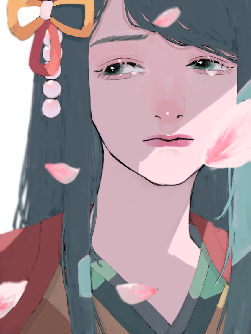 1girl, closed_mouth, crying, falling_petals, green_eyes, green_hair, hair_ornament, highres