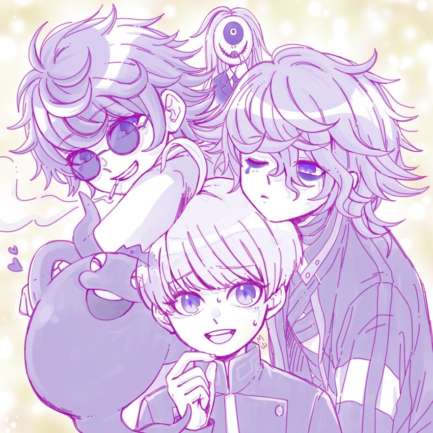 4boys, ahoge, chin_rest, cigarette, closed_eyes, closed_mouth, commentary_request, covered_face, crown, eyeliner, finger_to_mouth, ghost, glasses, grin, head_on_head, head_rest, heart, highres, jacket, long_hair, long_sleeves, looking_at_another, makeup, makoto_kagutsuchi, male_focus, mask, master_detective_archives:_rain_code, messy_hair, multiple_boys, myama_owa, necktie, one_eye_closed, open_mouth, round_eyewear, short_hair, smile, smoke, smoking, sweatdrop, teeth, tinted_eyewear, upper_body, upper_teeth_only, vivia_twilight, yakou_furio, yuma_kokohead