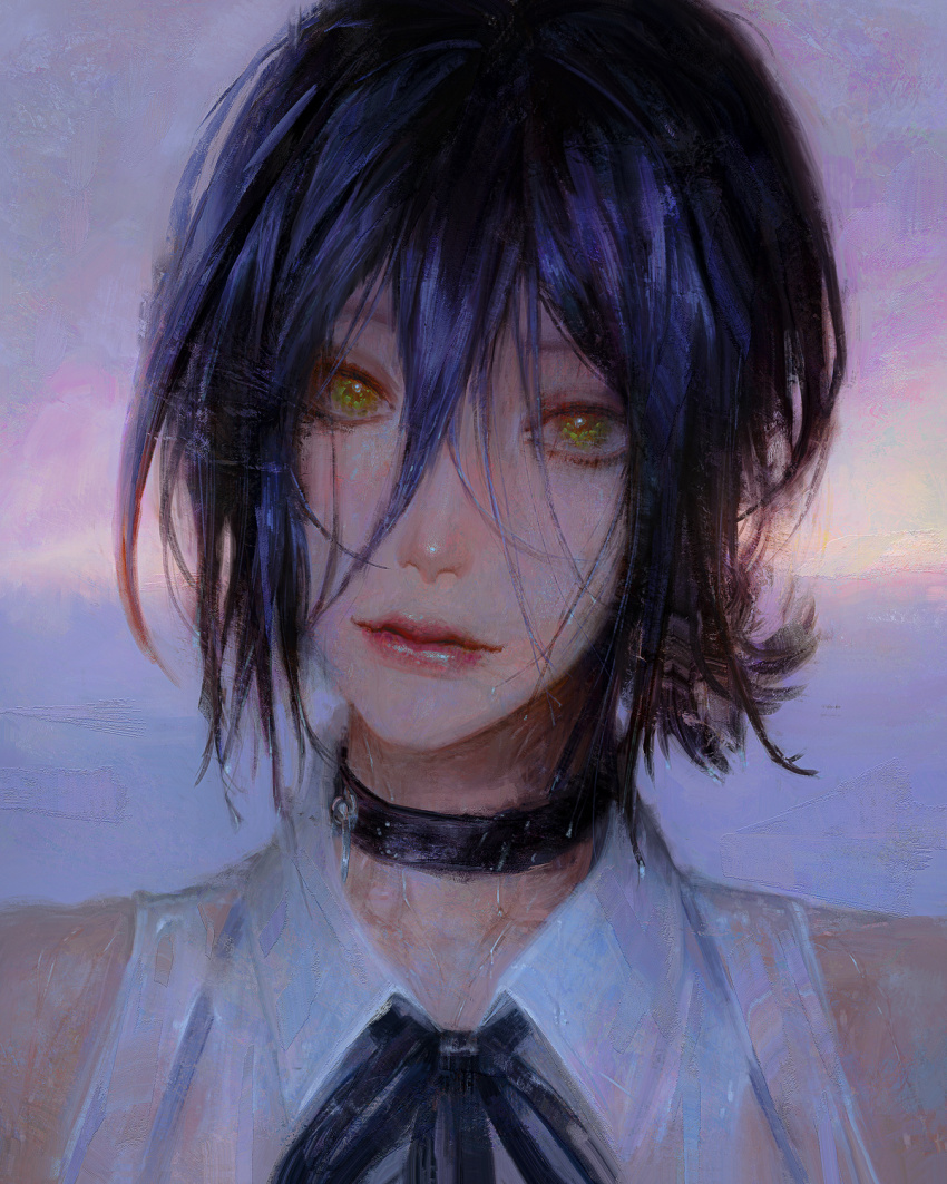 1girl, black_choker, black_ribbon, chainsaw_man, choker, collared_shirt, flowersbloodart, green_eyes