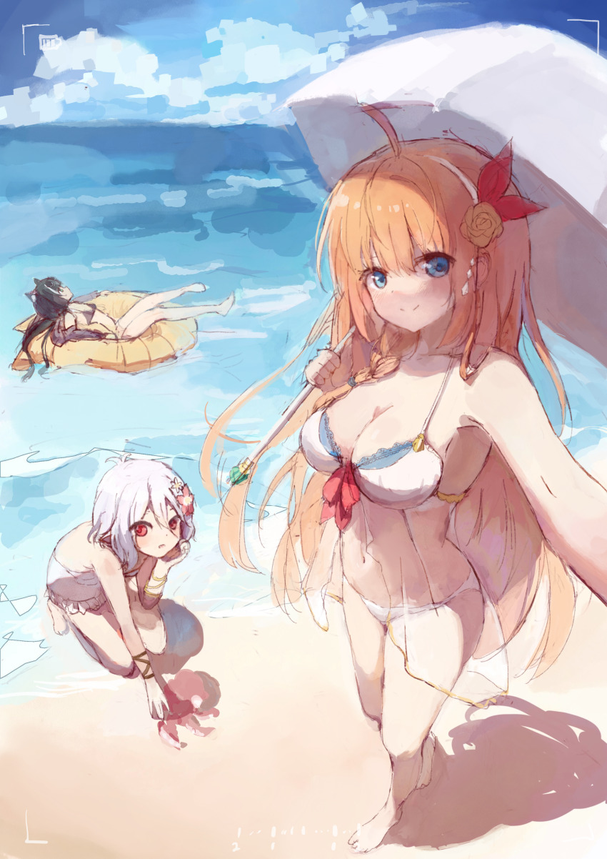 3girls, absurdres, ahoge, beach, bikini, black_hair, blue_eyes, blue_sky
