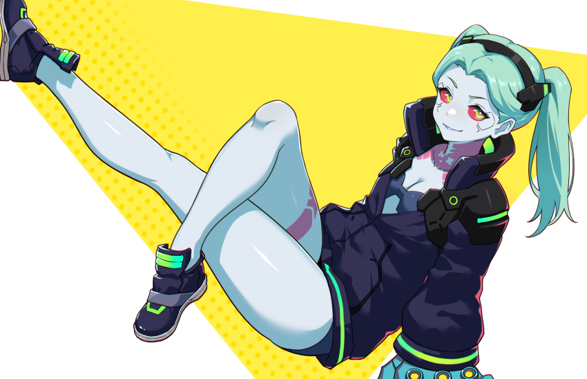 1girl, artificial_eye, black_bra, black_jacket, black_shoes, bra, breasts, cleavage, closed_mouth, colored_sclera, commentary, cyberpunk, cyberpunk:_edgerunners, cyberpunk_(series), full_body, gauntlets, green_hair, highres, jacket, leg_tattoo, lifyter, looking_at_viewer, mechanical_eyes, mechanical_hands, neck_tattoo, partially_unzipped, rebecca_(cyberpunk), red_eyes, red_sclera, shoes, single_mechanical_eye, small_breasts, smile, solo, strapless, strapless_bra, tattoo, thighs, twintails, underwear, yellow_background