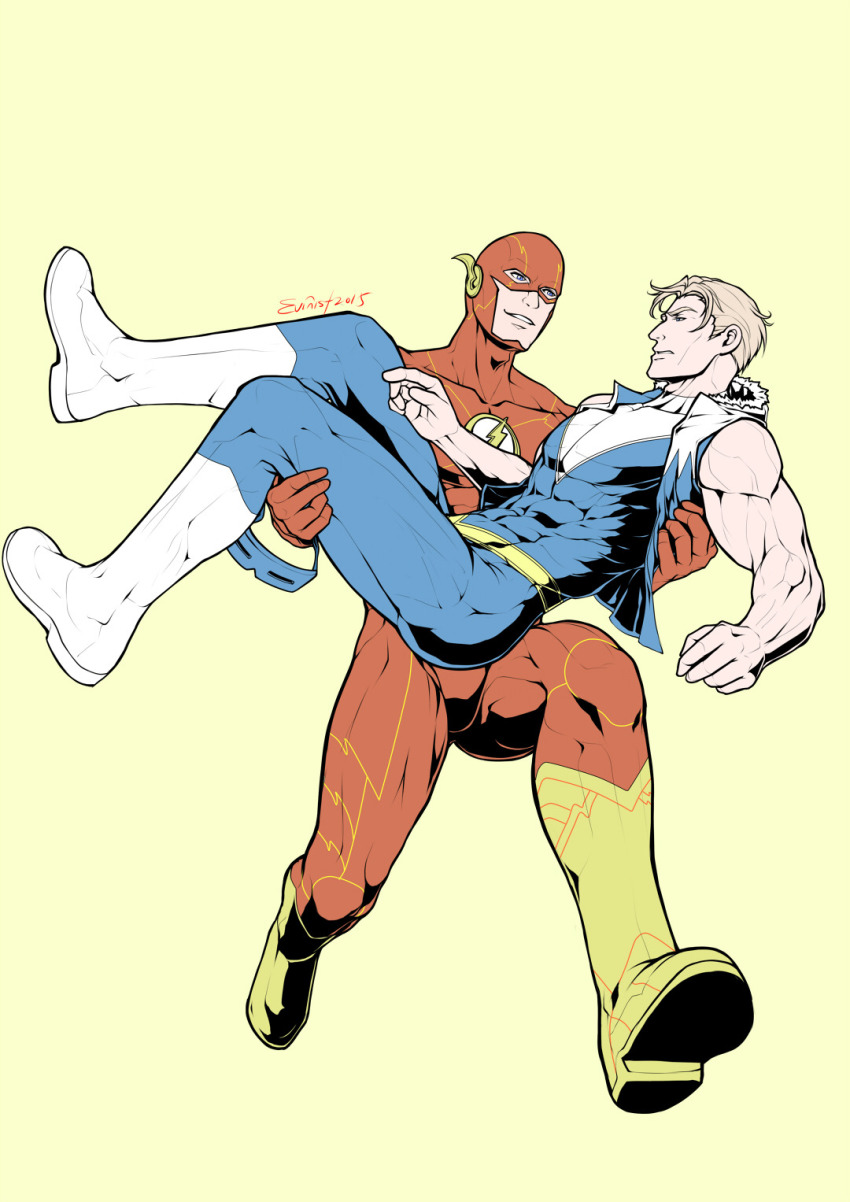 2boys, artist_name, bara, barry_allen, blonde_hair, blue_bodysuit, blue_vest, bodysuit