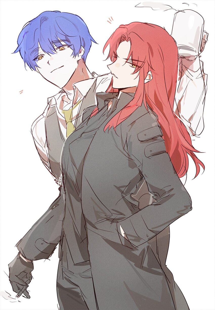 1boy, 1girl, black_coat, black_gloves, black_pants, black_shirt, blue_hair, coat