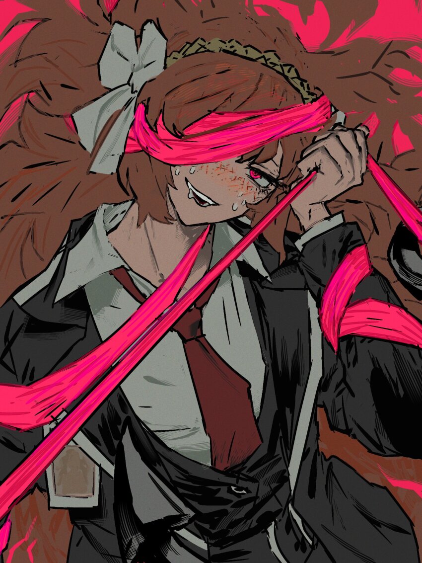 1girl, an1th1ngnb, black_coat, black_vest, bow, brown_hairband, coat, collared_shirt