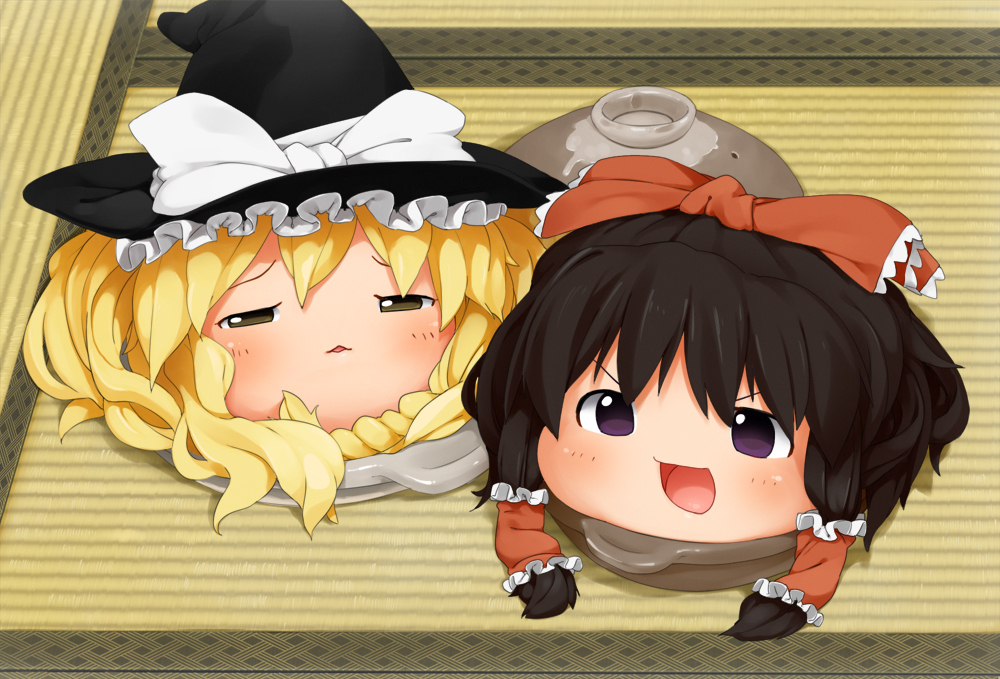 2girls, braid, female_focus, hakurei_reimu, kaisen_chuui, kirisame_marisa, multiple_girls, neko_nabe, no_humans, touhou, yukkuri_shiteitte_ne