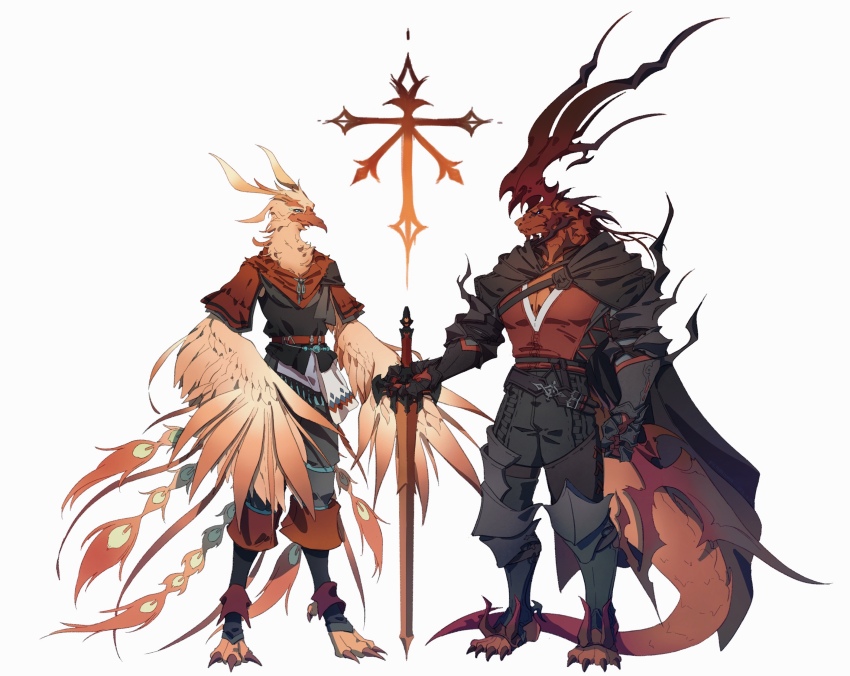 2boys, absurdres, alternate_form, animal_feet, beak, bird, bird_boy, bird_wings