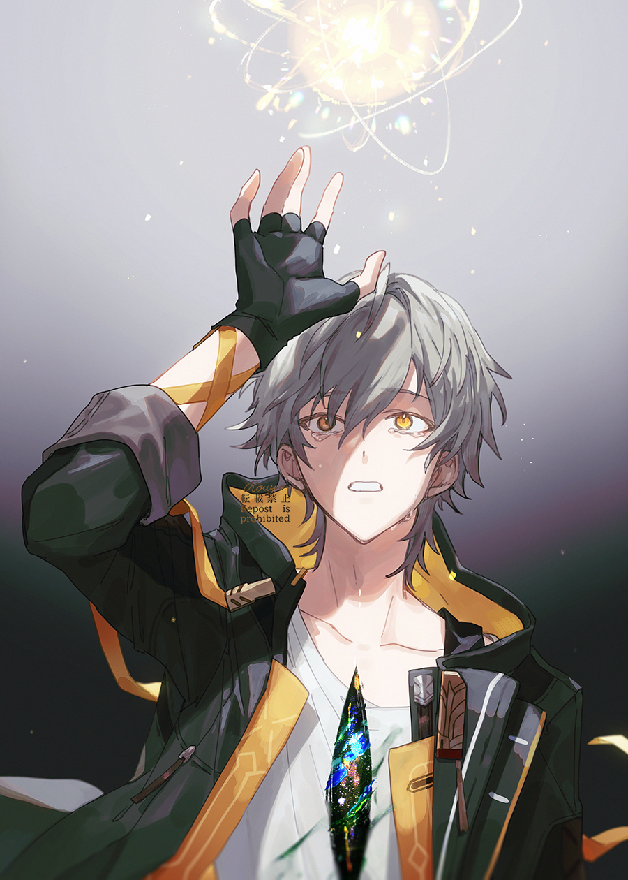 1boy, black_gloves, black_jacket, black_sleeves, caelus_(honkai:_star_rail), chinese_text, collarbone, crying, crying_with_eyes_open, english_text, fingerless_gloves, gloves, grey_hair, highres, honkai:_star_rail, honkai_(series), jacket, looking_up, male_focus, open_clothes, open_hand, open_jacket, protagonist_(honkai:_star_rail), rowya, shirt, short_hair, simple_background, solo, tears, trailblazer_(honkai:_star_rail), upper_body, white_shirt, yellow_eyes
