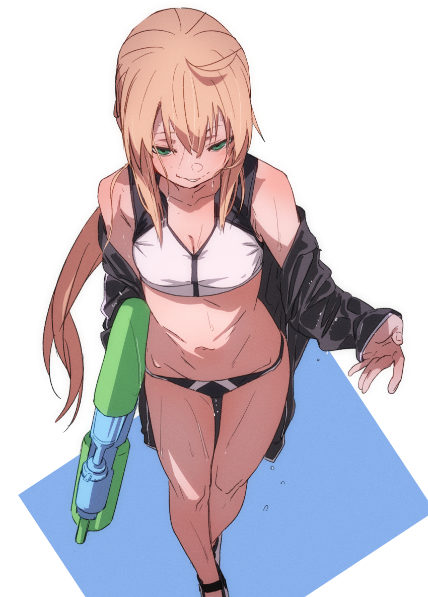1girl, bikini, blonde_hair, character_request, copyright_request, fu-ta, green_eyes, highres
