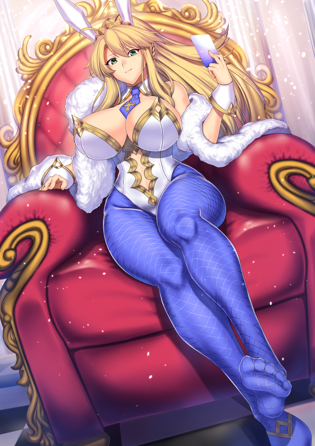 1girl, animal_ears, armchair, artoria_pendragon_(fate), artoria_pendragon_(lancer)_(fate), artoria_pendragon_(lancer_alter)_(fate), artoria_pendragon_(swimsuit_ruler)_(fate), artoria_pendragon_(swimsuit_ruler)_(first_ascension)_(fate)