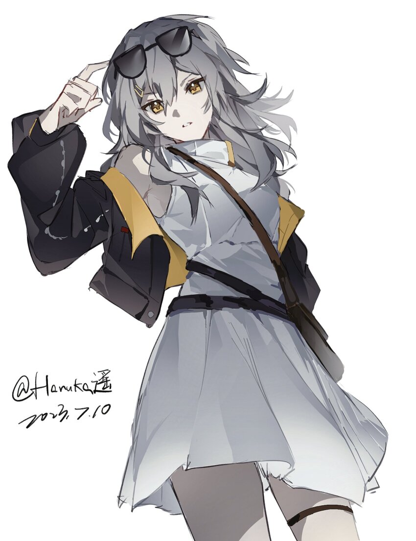 1girl, bare_shoulders, black_jacket, breasts, dated, dress, eyewear_on_head, grey_hair