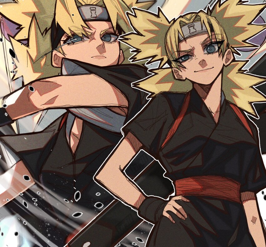 1girl, absurdres, black_headband, black_kimono, blonde_hair, fingerless_gloves, forehead_protector, gloves, green_eyes, hand_on_own_hip, headband, highres, japanese_clothes, kimono, multiple_views, naruto_(series), naruto_shippuuden, ovotheartist_(kidddovo), quad_tails, red_sash, sash, short_sleeves, smirk, temari_(naruto)